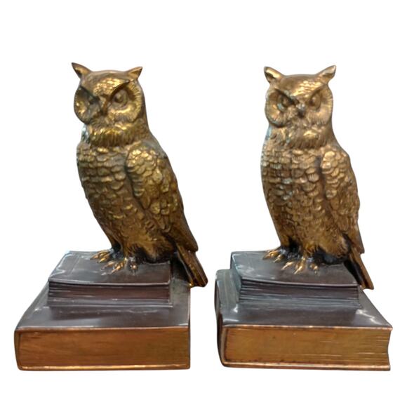 Two Brass Owl Bookends MCM 1950's Philadelphia MFG VTG Cast Figurine Sculpture - Picture 1 of 5